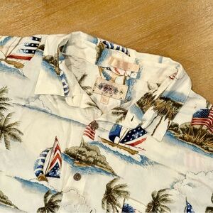 Campia Moda‎ Men’s Hawaiian Rayon Shirt U.S. Flag Palm Tree Themed Size XL